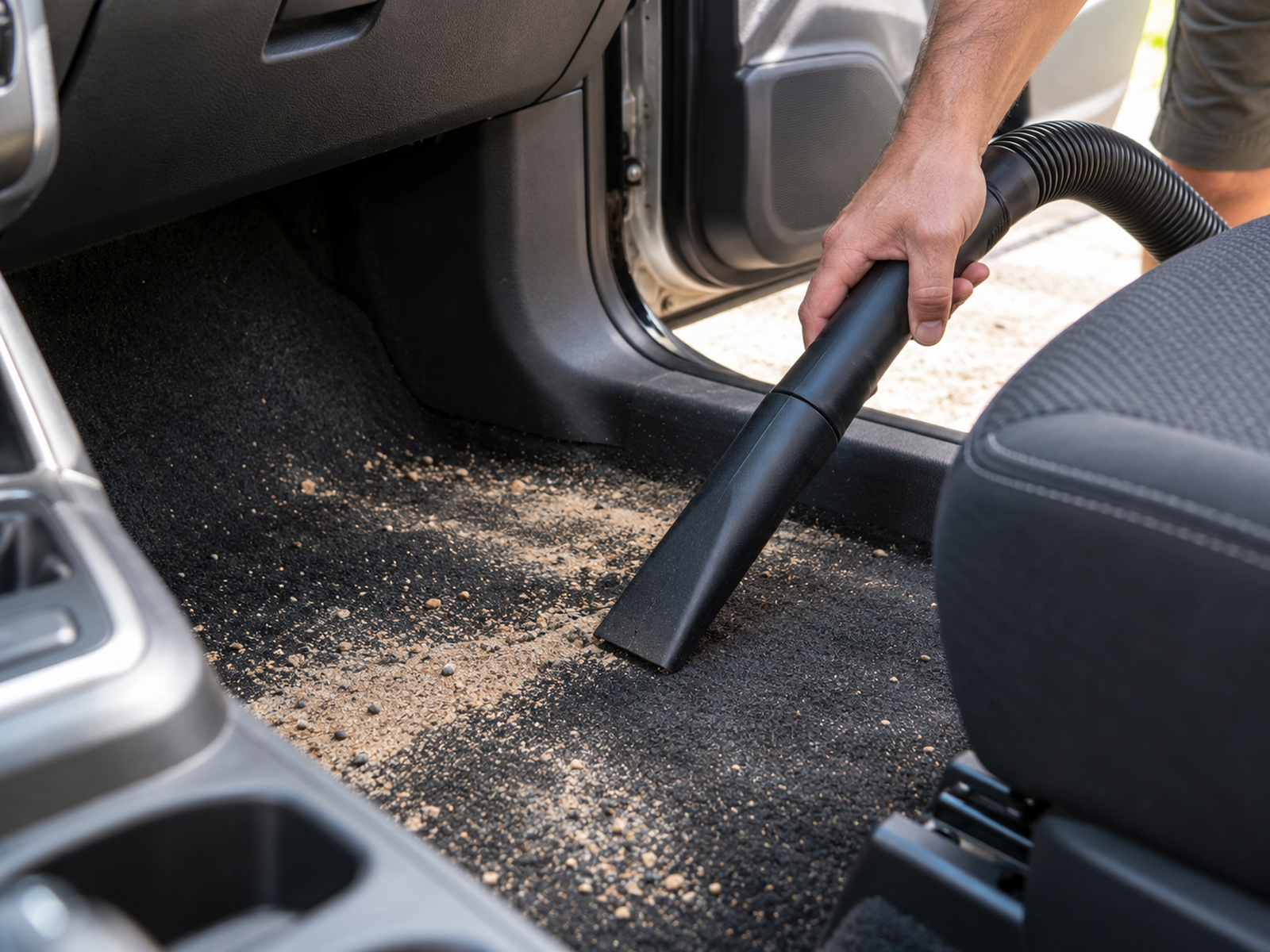 Close-up of sand being vacuumed from car carpets
