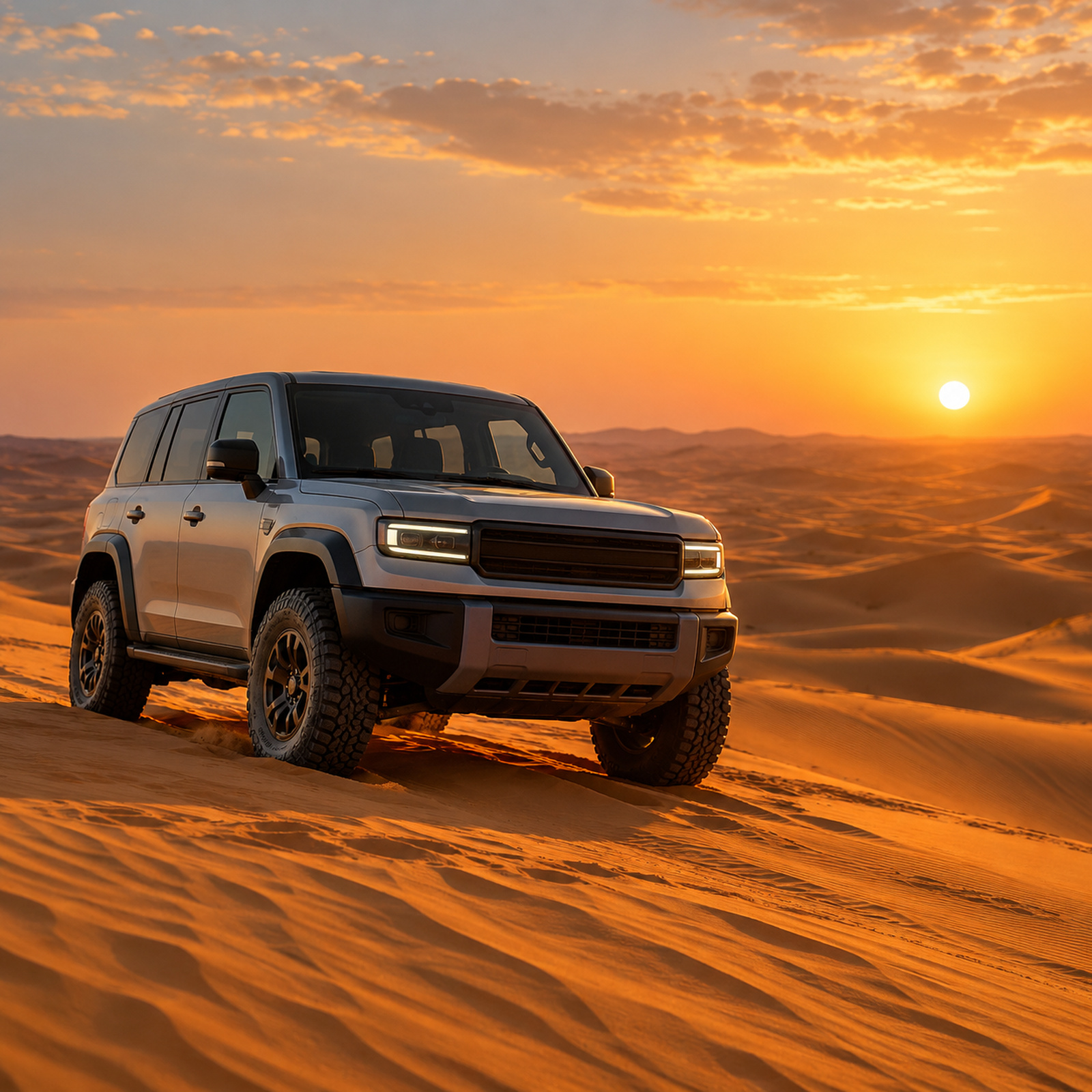 Clean 4x4 on golden sand dunes at sunset, square, generic unbranded car, no logo, no plate