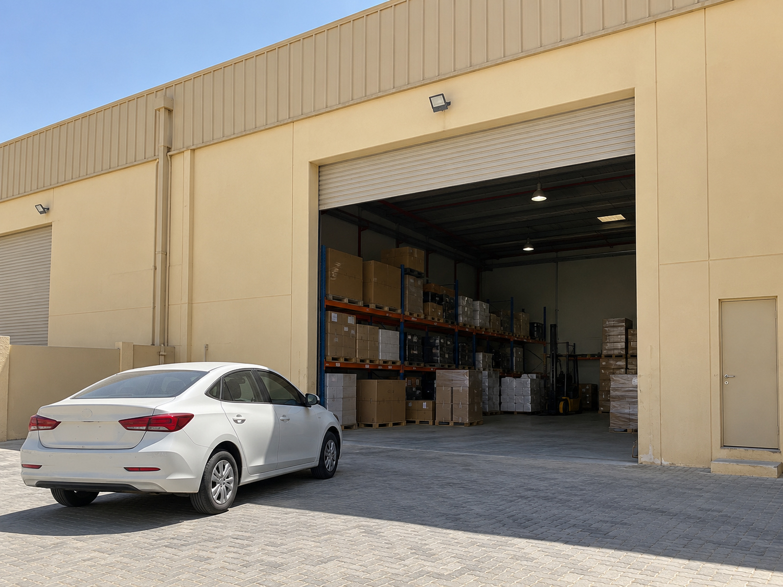 Sand-coloured warehouse unit in Ajman industrial area with open door, no readable signs